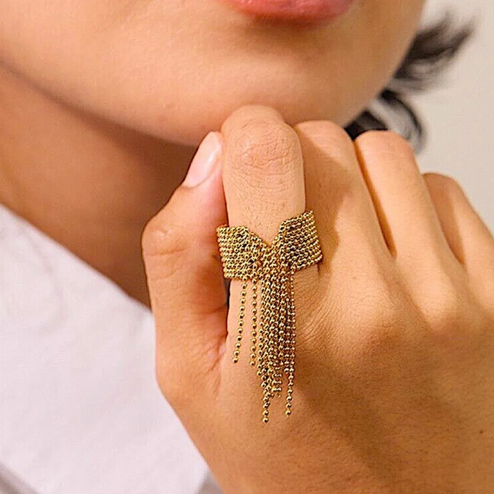 Stainless Steel Gold Plated Ring Fringe Tassel Tarnish Free Everyday Jewelry